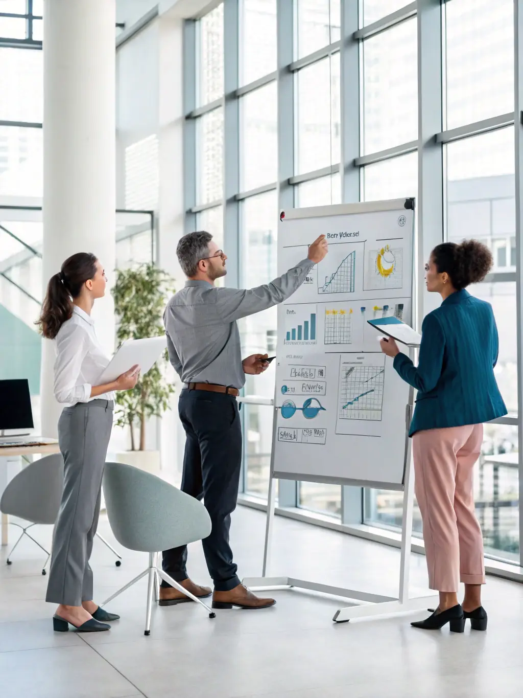 A professional team in a modern office setting, brainstorming automation solutions on a whiteboard, surrounded by laptops and digital displays showcasing data analytics.