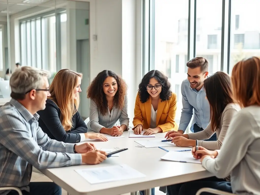 A photograph of a diverse team collaborating in a modern office space, working on laptops and discussing automation solutions.